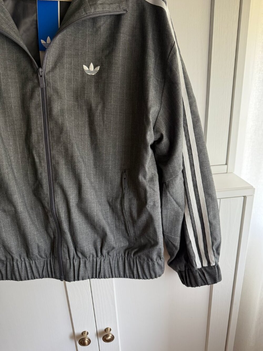 adidas Originals Gray Pinstripe Track Varsity Jacket with White Stripes - Picture 3 of 9